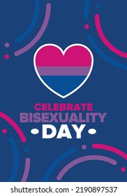 Celebrate Bisexuality Day. Bisexual Pride and Bi Visibility Day. Bisexual flag. Coming out. Celebrated annual in September 23. Festival and parade. Poster, card, banner, template, background. Vector
