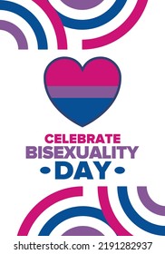 Celebrate Bisexuality Day. Bisexual Pride and Bi Visibility Day. Bisexual flag. Coming out. Celebrated annual in September 23. Festival and parade. Poster, card, banner, template, background. Vector