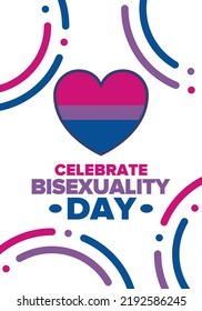 Celebrate Bisexuality Day. Bisexual Pride and Bi Visibility Day. Bisexual flag. Coming out. Celebrated annual in September 23. Festival and parade. Poster, card, banner, template, background. Vector