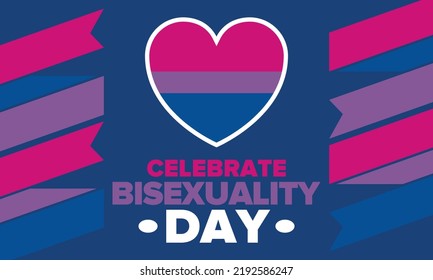 Celebrate Bisexuality Day. Bisexual Pride and Bi Visibility Day. Bisexual flag. Coming out. Celebrated annual in September 23. Festival and parade. Poster, card, banner, template, background. Vector