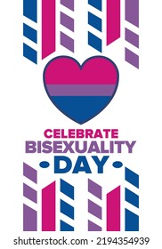 Celebrate Bisexuality Day. Bisexual Pride and Bi Visibility Day. Bisexual flag. Coming out. Celebrated annual in September 23. Festival and parade. Poster, card, banner, template, background. Vector