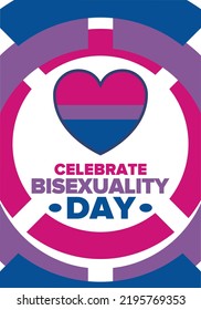 Celebrate Bisexuality Day. Bisexual Pride and Bi Visibility Day. Bisexual flag. Coming out. Celebrated annual in September 23. Festival and parade. Poster, card, banner, template, background. Vector