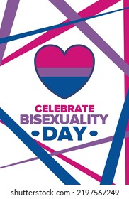 Feiern Sie den Bisexualität-Tag. Bisexueller Pride und Bi Visibility Tag. Bisexuelle Flagge. Kommt raus. Feiert jährlich am 23. September. Festival und Parade. Poster, Karte, Banner, Vorlage, Hintergrund. Vektorgrafik