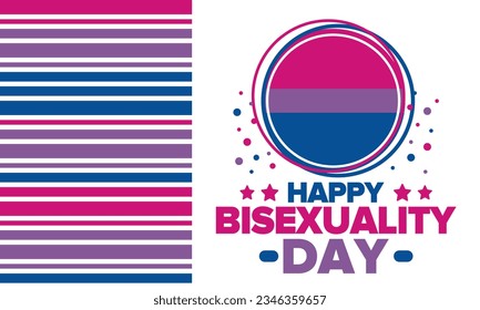 Celebrate Bisexuality Day. Bisexual Pride and Bi Visibility Day. Bisexual flag. Coming out. Celebrated annual in September 23. Festival and parade. Poster, card, banner, template, background. Vector