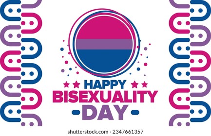 Celebrate Bisexuality Day. Bisexual Pride and Bi Visibility Day. Bisexual flag. Coming out. Celebrated annual in September 23. Festival and parade. Poster, card, banner, template, background. Vector