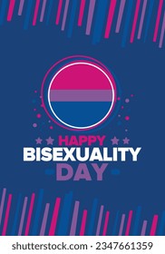 Celebrate Bisexuality Day. Bisexual Pride and Bi Visibility Day. Bisexual flag. Coming out. Celebrated annual in September 23. Festival and parade. Poster, card, banner, template, background. Vector