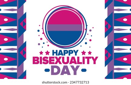 Celebrate Bisexuality Day. Bisexual Pride and Bi Visibility Day. Bisexual flag. Coming out. Celebrated annual in September 23. Festival and parade. Poster, card, banner, template, background. Vector