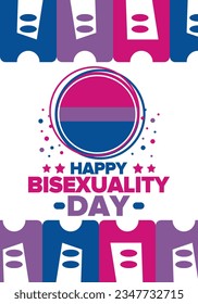 Celebrate Bisexuality Day. Bisexual Pride and Bi Visibility Day. Bisexual flag. Coming out. Celebrated annual in September 23. Festival and parade. Poster, card, banner, template, background. Vector