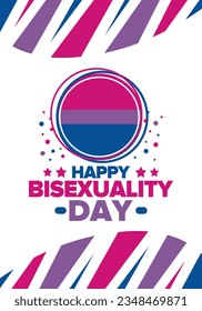 Celebrate Bisexuality Day. Bisexual Pride and Bi Visibility Day. Bisexual flag. Coming out. Celebrated annual in September 23. Festival and parade. Poster, card, banner, template, background. Vector