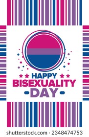 Celebrate Bisexuality Day. Bisexual Pride and Bi Visibility Day. Bisexual flag. Coming out. Celebrated annual in September 23. Festival and parade. Poster, card, banner, template, background. Vector