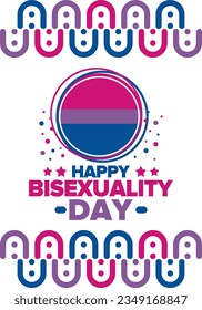 Celebrate Bisexuality Day. Bisexual Pride and Bi Visibility Day. Bisexual flag. Coming out. Celebrated annual in September 23. Festival and parade. Poster, card, banner, template, background. Vector