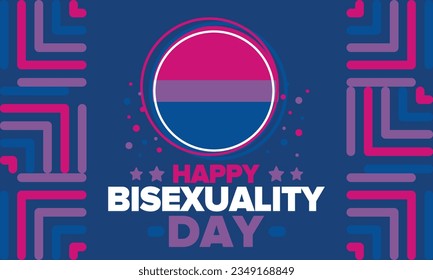 Celebrate Bisexuality Day. Bisexual Pride and Bi Visibility Day. Bisexual flag. Coming out. Celebrated annual in September 23. Festival and parade. Poster, card, banner, template, background. Vector