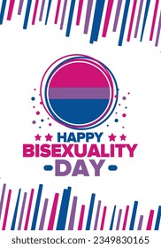 Celebrate Bisexuality Day. Bisexual Pride and Bi Visibility Day. Bisexual flag. Coming out. Celebrated annual in September 23. Festival and parade. Poster, card, banner, template, background. Vector