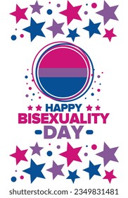 Celebrate Bisexuality Day. Bisexual Pride and Bi Visibility Day. Bisexual flag. Coming out. Celebrated annual in September 23. Festival and parade. Poster, card, banner, template, background. Vector