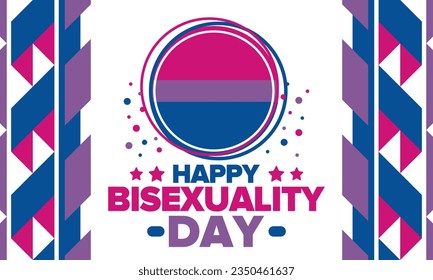 Celebrate Bisexuality Day. Bisexual Pride and Bi Visibility Day. Bisexual flag. Coming out. Celebrated annual in September 23. Festival and parade. Poster, card, banner, template, background. Vector