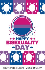 Celebrate Bisexuality Day. Bisexual Pride and Bi Visibility Day. Bisexual flag. Coming out. Celebrated annual in September 23. Festival and parade. Poster, card, banner, template, background. Vector