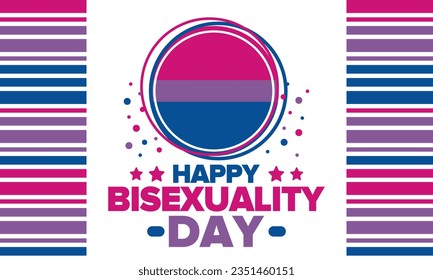 Celebrate Bisexuality Day. Bisexual Pride and Bi Visibility Day. Bisexual flag. Coming out. Celebrated annual in September 23. Festival and parade. Poster, card, banner, template, background. Vector