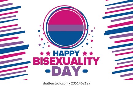 Celebrate Bisexuality Day. Bisexual Pride and Bi Visibility Day. Bisexual flag. Coming out. Celebrated annual in September 23. Festival and parade. Poster, card, banner, template, background. Vector