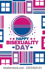 Celebrate Bisexuality Day. Bisexual Pride and Bi Visibility Day. Bisexual flag. Coming out. Celebrated annual in September 23. Festival and parade. Poster, card, banner, template, background. Vector