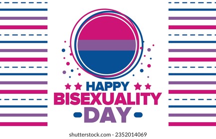 Celebrate Bisexuality Day. Bisexual Pride and Bi Visibility Day. Bisexual flag. Coming out. Celebrated annual in September 23. Festival and parade. Poster, card, banner, template, background. Vector