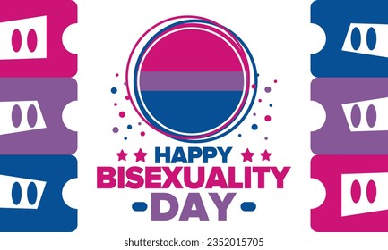 Celebrate Bisexuality Day. Bisexual Pride and Bi Visibility Day. Bisexual flag. Coming out. Celebrated annual in September 23. Festival and parade. Poster, card, banner, template, background. Vector