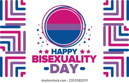 Celebrate Bisexuality Day. Bisexual Pride and Bi Visibility Day. Bisexual flag. Coming out. Celebrated annual in September 23. Festival and parade. Poster, card, banner, template, background. Vector