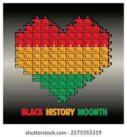 Celebrate Black History Month with this heart shaped puzzle artwork featuring the Pan African flag colors, symbolizing unity, heritage, and pride amid a professional gradient background. 