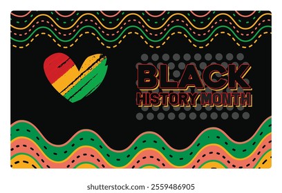 Celebrate Black History Month with a vibrant design featuring colorful hearts and bold text. Commemorating African heritage and culture. Black History Month concept. Flat vector illustration.