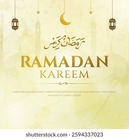 Celebrate the blessings of Ramadan with this stylish design featuring traditional lanterns, crescent moon, and Arabic text, embodying elegance and spirituality of the holy month.