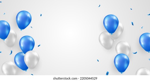 Celebrate with blue and white balloons with confetti for festive decorations vector illustration.