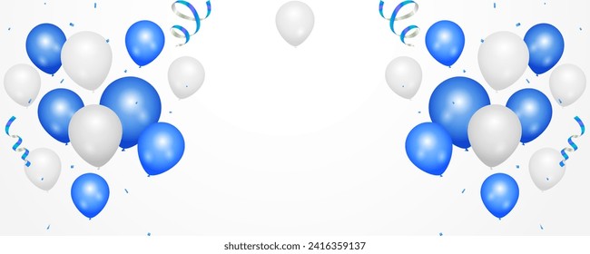 Celebrate with blue and white balloons with confetti for festive decorations vector illustration. Grand Opening Card luxury greeting rich. Sale Vector illustration.