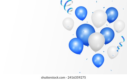 Celebrate with blue and white balloons with confetti for festive decorations vector illustration. Grand Opening Card luxury greeting rich. Sale Vector illustration.