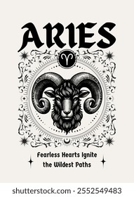 Celebrate the bold and adventurous Aries spirit with this design with  the empowering quote. Design vector illustration for T-shirts, mugs, typography, poster and more. Zodiac characteristic.