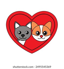 Celebrate the bond between pets with our "Cat and Dog in Red Heart Vector Illustration." Perfect for cards, posters, and crafts, this adorable design adds a touch of love to any project.