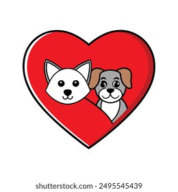 Celebrate the bond between pets with our "Cat and Dog in Red Heart Vector Illustration." Perfect for cards, posters, and crafts, this adorable design adds a touch of love to any project.