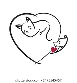 Celebrate the bond between pets with our "Cat and Dog in Red Heart Vector Illustration." Perfect for cards, posters, and crafts, this adorable design adds a touch of love to any project.