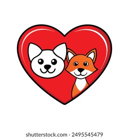 Celebrate the bond between pets with our "Cat and Dog in Red Heart Vector Illustration." Perfect for cards, posters, and crafts, this adorable design adds a touch of love to any project.