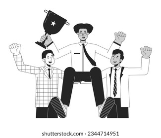 Celebrate business team bw concept vector spot illustration. Victory business people 2D cartoon flat line monochromatic characters for web UI design. Success editable isolated outline hero image