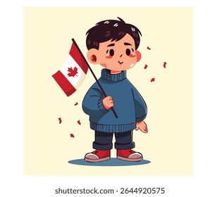 Celebrate Canada Day or Independence Day with a cheerful cartoon illustration of a boy proudly holding a Canada flag. Perfect for patriotic occasions and events.