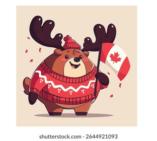 Comemore o Dia do Canadá e o Dia da Independência com uma ilustração divertida e festiva de um alce de desenho animado segurando uma bandeira canadense. Perfeito para adicionar sabor de férias aos seus projetos.