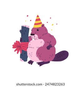 Celebrate with a cheerful beaver in a festive hat holding a gift in his paws Vector illustration of a rodent ready for a birthday, with a gift in a ribbon