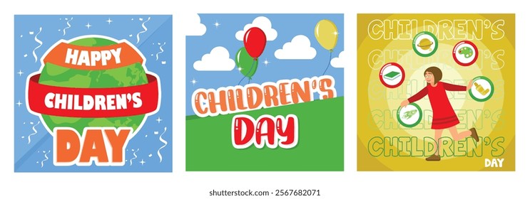 Celebrate Children's Day with great joy.Colorful balloons flying in the sky. National Children's Day. Children's Day concept. Set flat vector illustration.