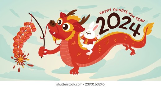 Celebrar el Año Nuevo Chino 2024 con este Vibrante Año del Dragón Ilustración, Vector, Traducción : Año Nuevo Chino Feliz