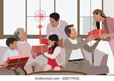 Celebrate Chinese New Year by giving each other gifts for the family. Oriental ethnic asian in group illustration vector