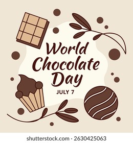 Celebrate Chocolate Day on July 7th with this stylish vector t-shirt design featuring delicious chocolate-themed typography. Perfect for apparel, greeting cards, and festive gifts. Ideal for chocolate