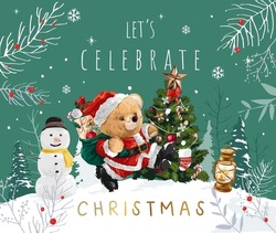 Celebrate Christmas Card With Bear Doll Santa Claus And Snowman Vector Illustration 