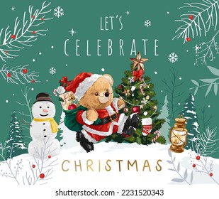 celebrate Christmas card with bear doll Santa Claus and snowman vector illustration 