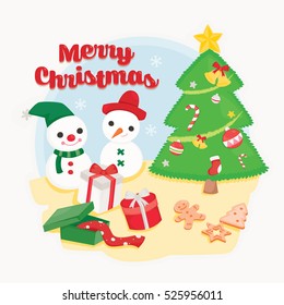 Celebrate Christmas Day with cute snow man, christmas tree, a lot of gift and gingerbread.