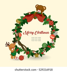 Celebrate Christmas festival. Cute dolls and Christmas wreath.