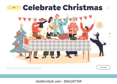 Celebrate Christmas Landing Page With Happy Family Gathering Together At Decorated Table For Holiday Dinner. Grandparents, Parents And Kids On Xmas Eve Or New Year. Cartoon Flat Vector Illustration